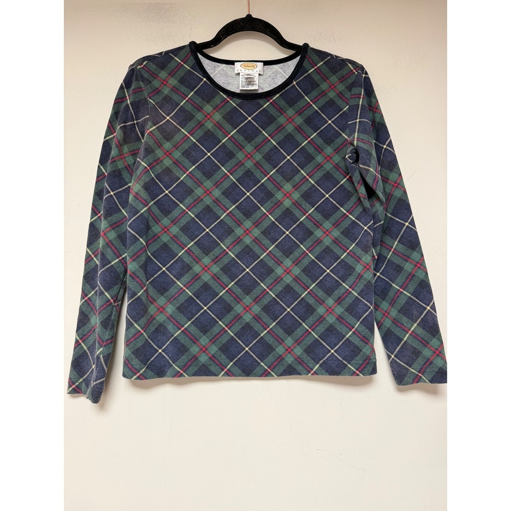 Talbots Petites‎ Green Navy Blue Plaid Long Sleeve Cotton Stretch Top Size P